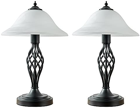 MiniSun | Traditional Style Satin Black Barley Twist Table Lamps with a Frosted Alabaster Shade | Table Lamps, Home Décor & Improvement Essential | Set of 2