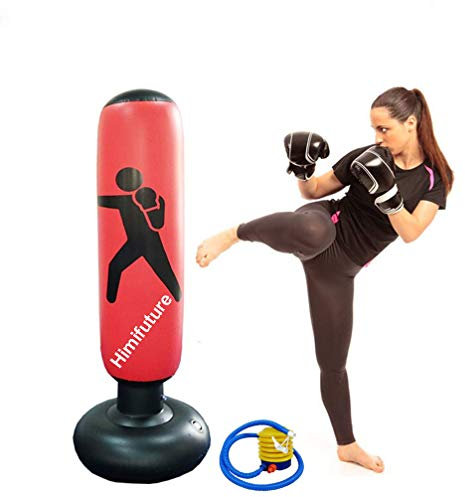 160cm Punch Bag, Inflatable Free-Standing Fitness Target Stand Tower Bag, Free Standing Tumbler Column Sandbag with a Free Foot Air Pump, Wine Red