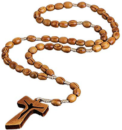 BlackAmazement Holz Halskette Kette Rosenkranz Paternosterschnur Holzperlen Kreuz Damen Herren