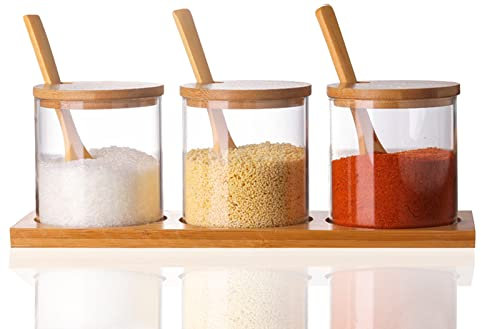 Lawei Set of 3 Condiment Jar with Lids and Spoons - Glass Sugar Bowls Sugar Salt Container Set for Sugar Serving Spice Salt