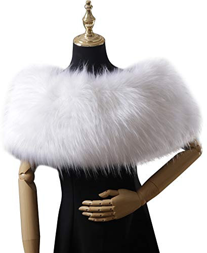 ihreesy Damen Kunst Pelz Schal 90cm Luxuriös Fellimitat Fuchs Pelzkragen Flauschig Pelzschal Kapuze Trim Wintermantel Schal Wärm Kunstpelz Cape Halstuch,Weiß