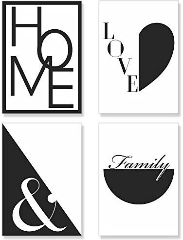 PREMYO Bilder Wohnzimmer Deko - Poster Set Home Familie Herz - Wandbilder Schlafzimmer Ohne Rahmen A4 Schwarz Weiß