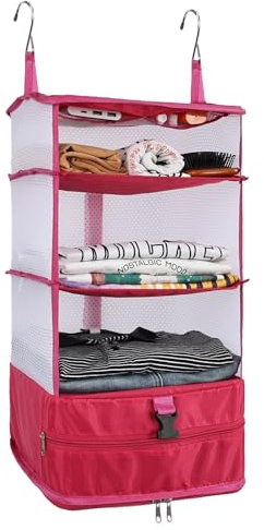 Surblue Kleiderschrank-Organizer zum Aufhängen 3 Ebenen faltbar, waschbarer Oxford-Stoff mit 2 Haken Rose L