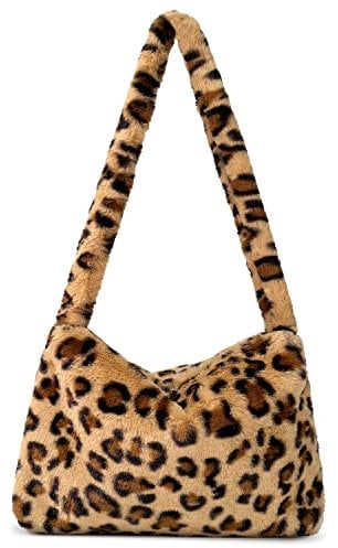 KPX Flauschige Y2K-Umhängetasche für Damen, große süße Plüschtasche, Kunstpelz, für Herbst und Winter., Leopard, Large
