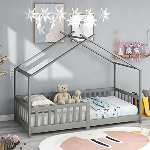 ADIBY Kinderbett Hausbett 200x90 cm Schönes Hausbett Kinder Hausbett aus Kiefer Holz Vollholz mit Zaun und Lattenrost mit Rausfallschutz Holzbett Bett für Kinder- und Jugendzimmer,Grau