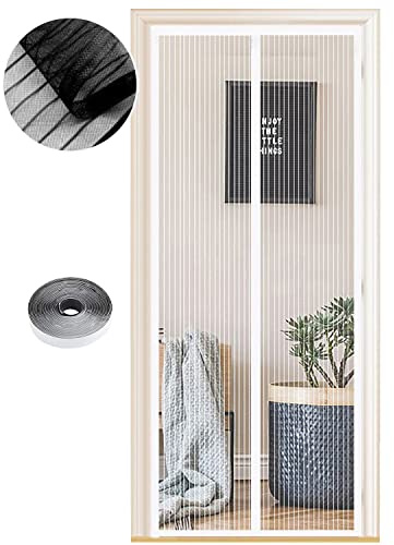 Flugskärmsdörr, magnetiskt insektsskydd i alla storlekar, 90 x 170 cm, magnetisk gardin perfekt för balkongdörr, vardagsrum och altandörr, barnsäker installation utan borrning, vita ränder