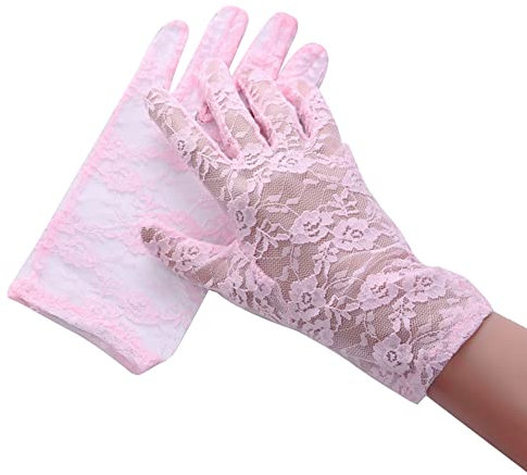 ihreesy Kurz Spitzenhandschuhe Damen,2 Stücke Vintage Abendhandschuhe Frauen Brauthandschuh Sommer Spitze Fahrradhandschuhe Netzhandschuhe UV-schutz Handschuhe,Rosa