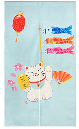 LIGICKY Japanischer Stil dick Leinen Noren Lang Vorhang Türvorhang Raumteiler Tapisserie für die Heimtextilien 85 x 150 cm, Hellblau Glückliche Katze