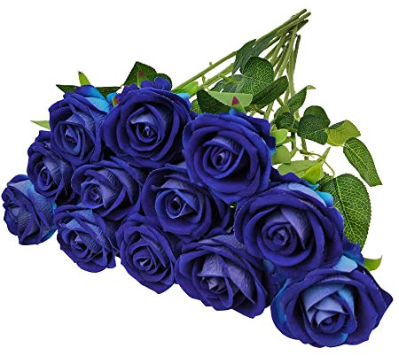 通用 Sepikvin 12 Stück Künstliche Rosen, Lebensechte Samtblumen mit Langem Stiel Künstliche Rosen für Hochzeitsstrauß Zuhause Party Büro Mittelstücke Hotel Blumenarrangements Dekoration (Dunkelblau)