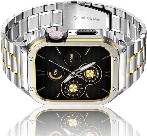 Amznew Bracelet Apple Watch en acier inoxydable avec étui Compatible avec Apple Watch Ultra 6/5/4/SE(44mm), Bracelets iWatch en métal pour hommes, Argent et or