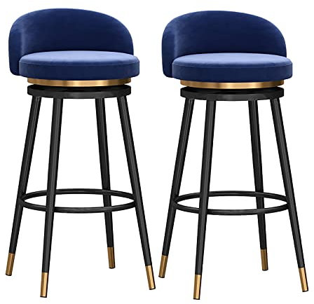 lirrebol Barhocker 2er Set mit Lehne Drehbare, Bauernhaus Küche Frühstücksbar Hocker, 360° drehbar, Samt gepolsterter Sitz, Schwarze Metallbeine, Höhe 65cm Blau