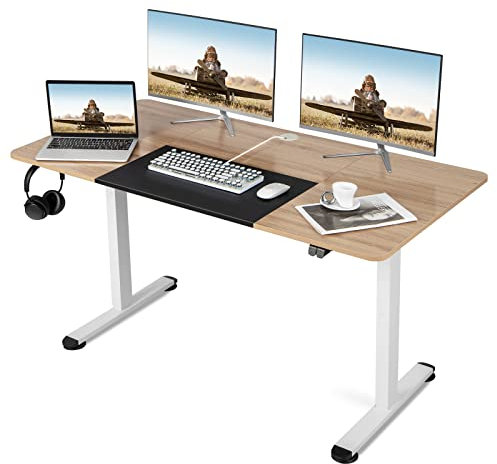 COSTWAY Höhenverstellbarer Schreibtisch, elektrischer Computertisch 140 x 70 cm, mit Stopp-Mechanismus, inkl. Kabelhaterung & Haken, ideal für Homeoffice und Büro (Natur)