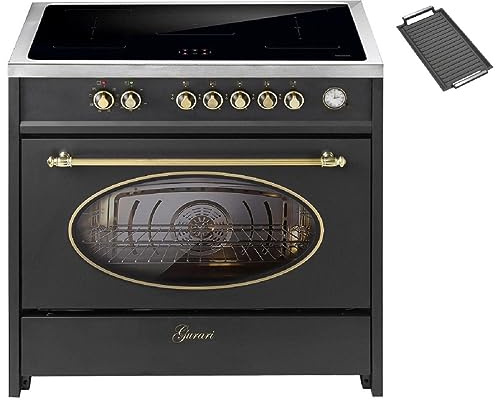 GURARI Herd mit Induktionskochfeld 90 cm 913 RU BL+Grillplatte Retro Standherd Induktions in Schwarz | Freistehender Range Coocker mit 5 Induktionszonen (2 Flex Zone) alle mit Booster