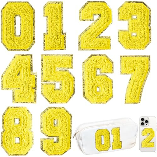HEKOOLA 10 Pcs Yellow Chenille Number Patches, Glitter Iron on Numbers for Clothing, Embroidery Varsity Numbers Patches for Backpacks Hats, Applique Preppy Patches for Clothes Jacket Football Jeans