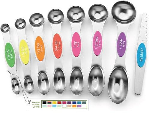 Spring Chef Stainless Steel Magnetic Measuring Spoons Set of 8 with Leveler, Nesting Metal Teaspoon & Tablespoon Measuring Spoons, Kitchen Gadgets for Baking & Cooking, Fits in Most Spice Jars - Neon
