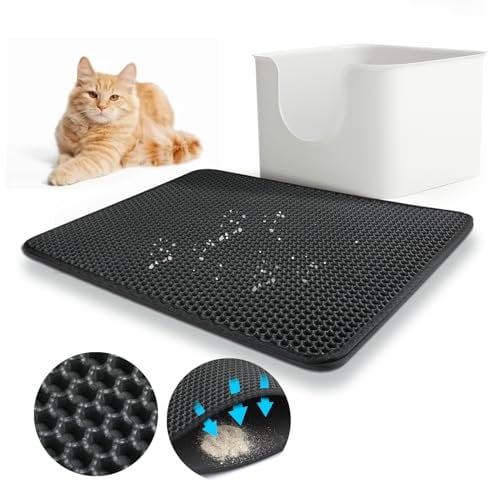 Baytion Cat Litter Mat, Litter Tray Mat 60 x 44 cm for Cat Litter Box and Cat Toilet, Double Layer Trapping Mat, Big Honeycomb Holes, Waterproof Urine Proof, EVA Material BPA Free (Black)