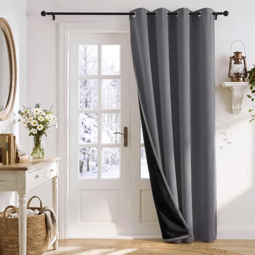 PONY DANCE Blickdichte Vorhänge Grau Thermovorhang Kälteschutz Ösenschal | 1er Set H240 x B140 cm, Grau, Abdunkelnd, Doppellagig, Schwer, für Schlafzimmer, Wohnzimmer, Kinderzimmer, als Türvorhang