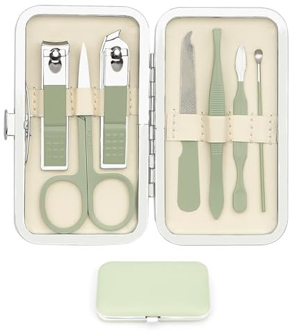 Kit Manucure et Pédicure 7 Pièces - Coupe Ongle Avec Réservoir, Soin Des Ongles, Essentiel Voyage, Outils Pour Soins Des Mains - Idée Cadeau Femme, Anniversaire (Vert)