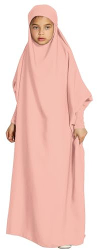 Odizli Gebetskleidung für Kinder Mädchen Abaya Muslim Islam Muslimische Kleider mit Kapuze Langarm Arabisch Türkische Robe Hijab Jilbab Khimar Kaftan Ramadan Burka Lang Gebetskleid Rosa 11-12 Jahre