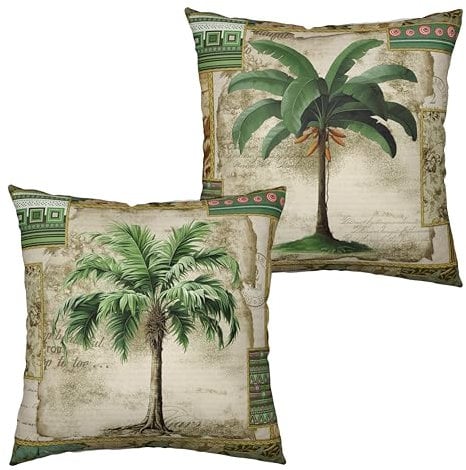 Kwlegh Tropical Palm Banana Tree Decorative Pillow Covers Hawaii Coconut Tree Throw Pillow Covers Vintage Cotton Linen Cushion Case 18x18 for Living Room Indoor Outdoor Decor 2 Pack