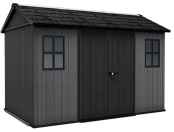 Keter Newton 1175 – Kunststoff Gartenhaus mit Holzoptik, wetterfest, wartungsfrei, 230x350x246cm, Doppeltür, Fenster, Belüftung, Bodenplatte