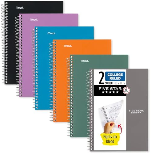 Five Star Spiral Notebooks, 6 Pack, 2 Subject, College Ruled, 9 1/2 x 6, 80 Sheets, Amethyst Purple, Sedona Orange, Seaglass Green, Tidewater Blue, Gray and Black (840029A-ECM)