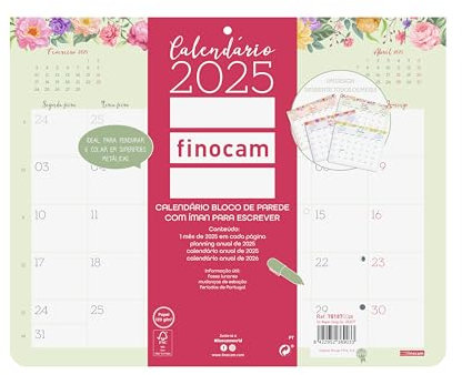 Finocam - Calendario Bloc Design de Pared con Imán para Escribir 2025 Mes Vista Enero 2025 - Diciembre 2025 (12 meses) Portugués