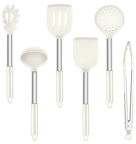TEAMFAR Juego de 6 utensilios de cocina de silicona con mango de acero inoxidable, resistentes al calor, antiadherentes, color blanco