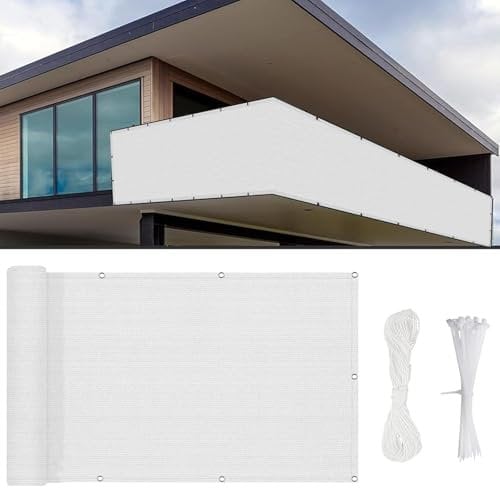 Brise Vue Balcon 200 x 35 cm Vent Protection UV Résistant, Brise-Vue pour Balcon Paravent Bâche Jardin, avec Attaches de Câble, pour Piscine, Patio, Blanc