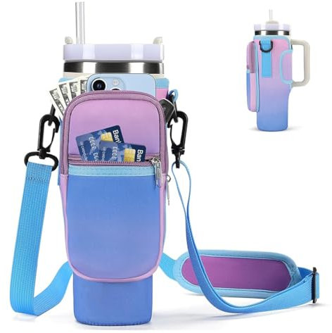 HASTHIP® Water Bottle Carrier Bag for Stanley 40/30 oz Tumbler with Phone Pocket Water Bottle Holder with Strap Neoprene Water Bottle Pouch for Stanley Cup Accessories (Gradient Purple)