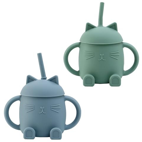 amo nenes 2 Stück Baby Trinkbecher mit Strohhalmen und Griffen Silikon Becher Strohhalmbecher Kinder Trinklernbecher BPA-frei für Mikrowelle und Spülmaschine, Rosa/Weiß (Grün)