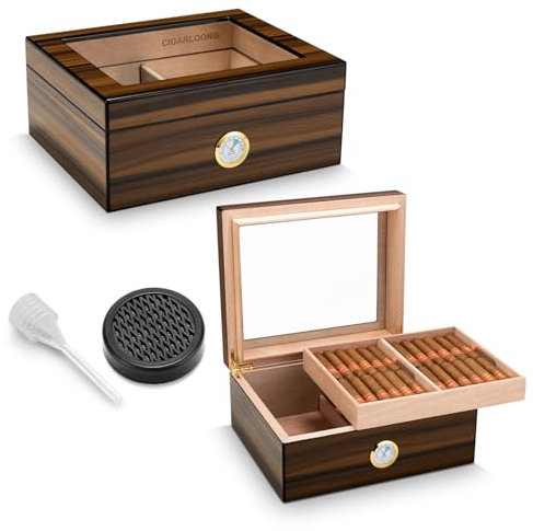 CIGARLOONG Zigarren Humidor Zedernholz, Glasplatte, Humidor mit Luftbefeuchter&Hygrometer, Geschenke für Männer (M für 50 Zigarren)