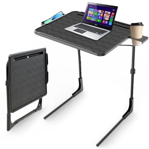 TV Tray Table, Folding TV Dinner Tray Table with Cup Holder, 6 Height & 3 Tilt Angle Adjustable Laptop Table for Couch, Bed