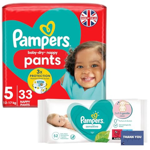 Baby-Dry Nappy Pants Bundle Consists of Size 5 Nappies (12-17kg) with Baby Wipes Pack of 52 - All-Day Comfort & Gentle Skin Care