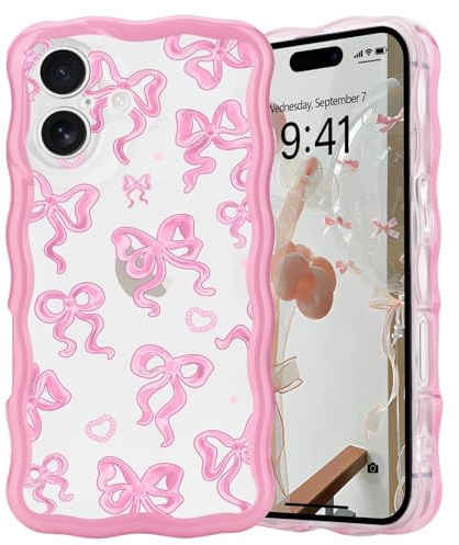 L-FADNUT Bow Case for iPhone 16, Curly Wavy Frame Cute Girly Bow Ribbon Pretty Phone Case, Soft Wave Clear Slim Silicone Shockproof Anti-scratch Cover for Women Girl, Pink Bow