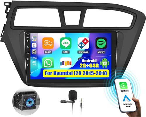 OiLiehu 2G+64G Radio Android 13 2 Din Carplay Android Auto para Hyundai i20 2015-2018 Autoradio con Pantalla Radio Coche 9 Pulgadas con Mirror Link/EQ/Bluetooth/SWC/FM RDS/WiFi/GPS/Cámara Marcha Atrás