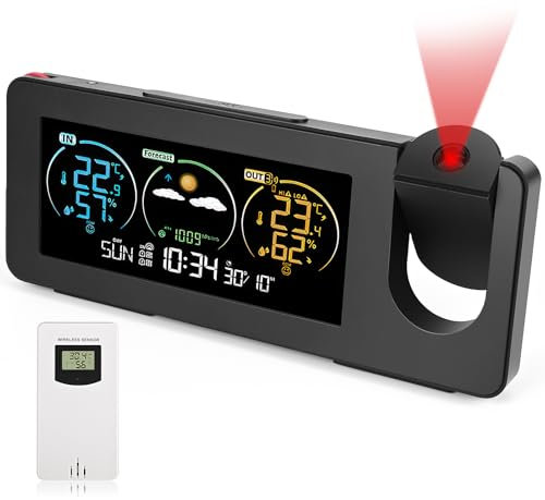Gerbala Stazione Meteo con Sensore Esterno, Wireless Meteorologica con Proiettore, Display a Colori, Previsioni del Tempo, Barometro, Sveglia, Termometro, Igrometro, Uso Interno ed Esterno