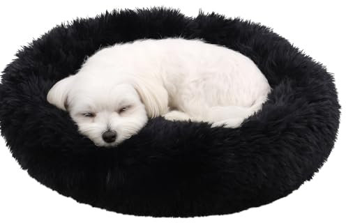 Flamingo Hundebett flauschig, Katzenbett, Donut Kissen, waschbar, Polsterung in der Mitte herausnehmbar, Langer Plüsch, 55 cm Durchmesser - Schwarz