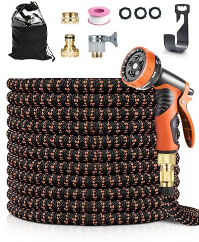 Gartenschlauch, ausziehbar, 45 m, dehnbarer Schlauch mit 10 Modi, Pistole, Anschlüsse von 3/4 Zoll und 1/2 Zoll, Latex, 4 Schichten, Messinganschluss, zum Bewässern von Pflanzen und Waschen von Autos