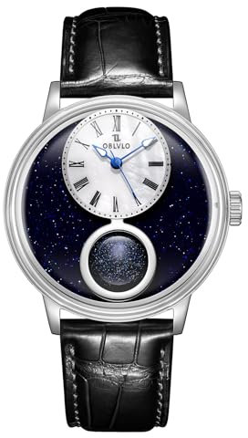 OBLVLO Herren Retro Rose Gold Miyota Uhrwerk Automatikuhr Designer Sternenhimmel 24-Stunden-Anzeige Lederband Klassische Uhren SCM-S, Scm-stars-ysbl, Tendência