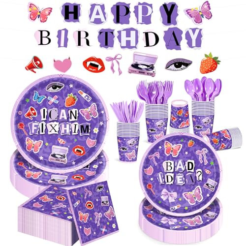 169Pcs Purple Butterfly Party Supplies Kit for Purple Music Birthday Party Decorations, Includes Gradient Paper Plates, Napkins, Cups, Banner & Cutlery - Ideal Gift for Musical Lyrics Fans, Serves 24