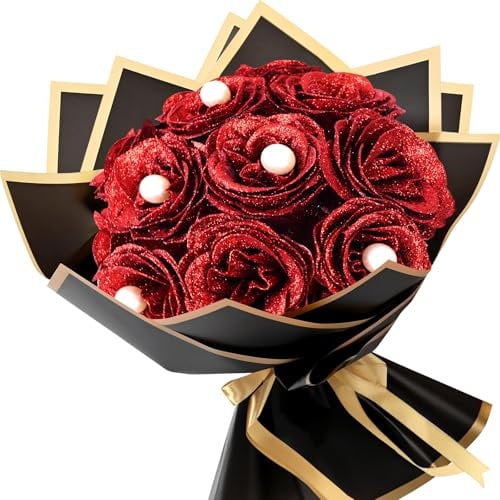 LARDUX 12 bouquet di rose rosse glitterate, bouquet di fiori finti fai da te con bouquet glitterato, fiori artificiali brillanti per San Valentino, anniversario, laurea, compleanno, con perle.
