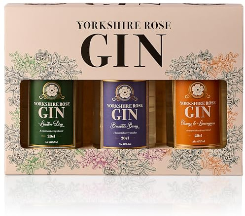 Yorkshire Rose Flavoured Gin Gift Set 3 x 20cl (40% ABV) | London Dry, Brambleberry, Orange & Lemongrass Gin Miniatures | Made with Natural Yorkshire Mineral Water for a Smooth and Refreshing Finish