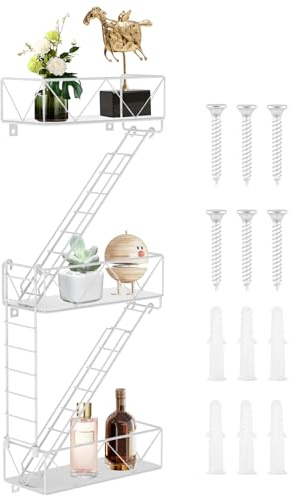 Alongen Metal Fire Escape Wall Shelf, with Screws Unique Decorative Shelf for Bedroom Living Room and Home Decor Action Figure Display(white)