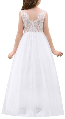 EFOGEP Mädchen Kommunionkleid Prinzessin Tüll Kleid Spitze | Elegantes Tüllkleid mit Spitze und Prinzessin-Silhouette für Kommunion, Hochzeit und Blumenmädchen