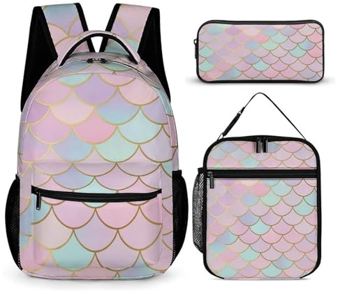 peiyeety Laptop-Rucksack „Mermaid Scale (4) Büchertaschen-Set mit Lunchtasche und Aufbewahrungstasche Tagesrucksack-Set Rucksack mit Lunchbox und Kosmetiktaschen
