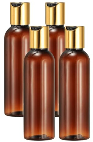 sourcing map 4 Pcs Plastic Travel Bottles, 2 oz Empty Shampoo Bottles with Gold-Black Disc Top Caps Clear Refillable Travel Squeeze Containers for Lotions Cosmetics Body Soap, Brown