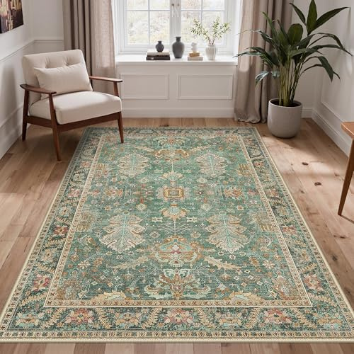 BEIMO Vintage Waschbarer Teppich Wohnzimmer, 120x170cm Moosgrün | Boho Orientalisch, Großer Weicher Kurzflor Carpet mit Rutschfester für Küche und Bettvorleger Schlafzimmer