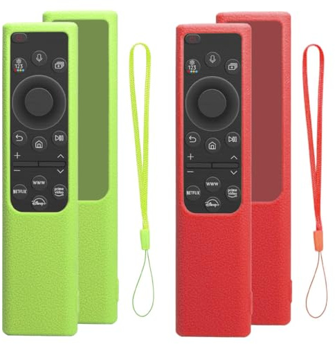 YOFDAL 2 piezas Funda para mando a distancia Samsung Smart Solar Cell Remote BN59-01385, funda de silicona antideslizante y a prueba de golpes con cordón antirrobo (rojo y verde)