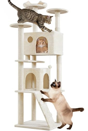 Yaheetech 203 cm Kratzbaum groß Stabiler Katzenbaum mit 2 Höhlen beige | FSC Mix-zertifizierte Spanplatten | Mehrstöckiger Kratzbaum für große Katzen | mit Kippsicherung & 3 Plattformen & Kratzbrett